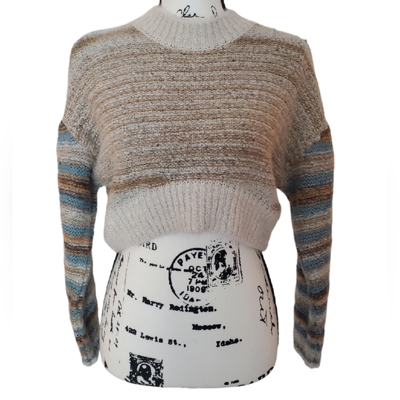 Urban Outfitters Sweaters - Urban Outfitters | Lennon Neutral Beige & Blue Striped Cropped Sweater